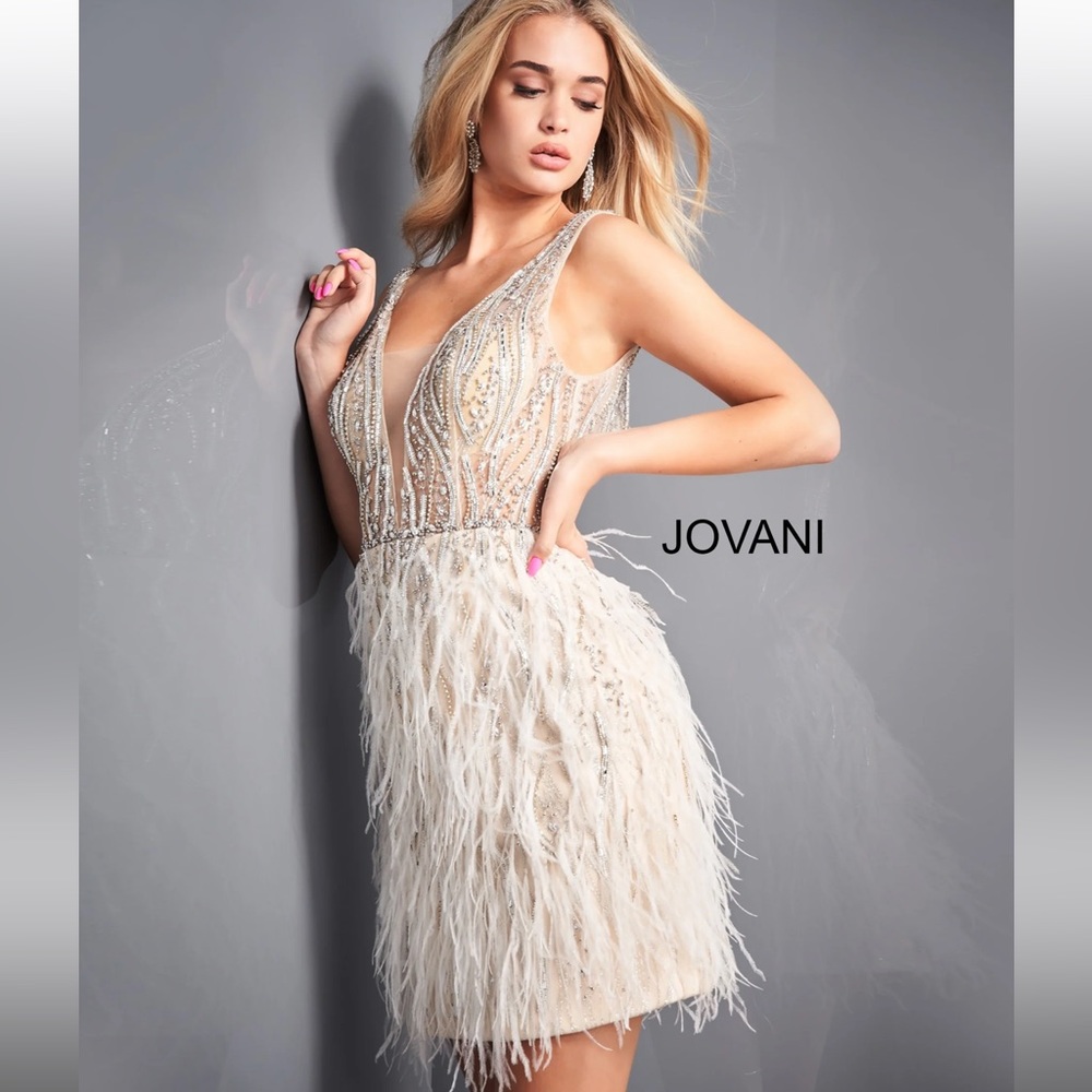Jovani Ivory Feathers Dress